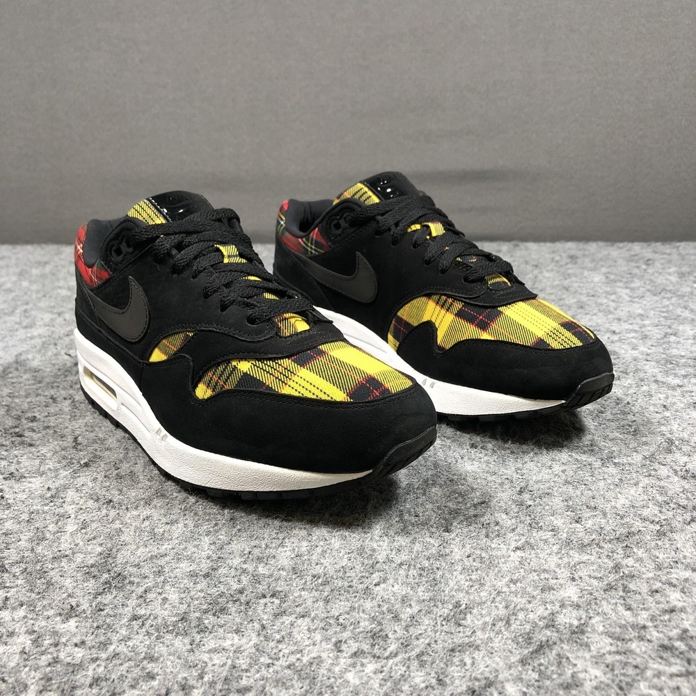 Nike Air Max 1 Shoes Womens 10 Black Yellow Plaid Suede Sneakers AV8219-001